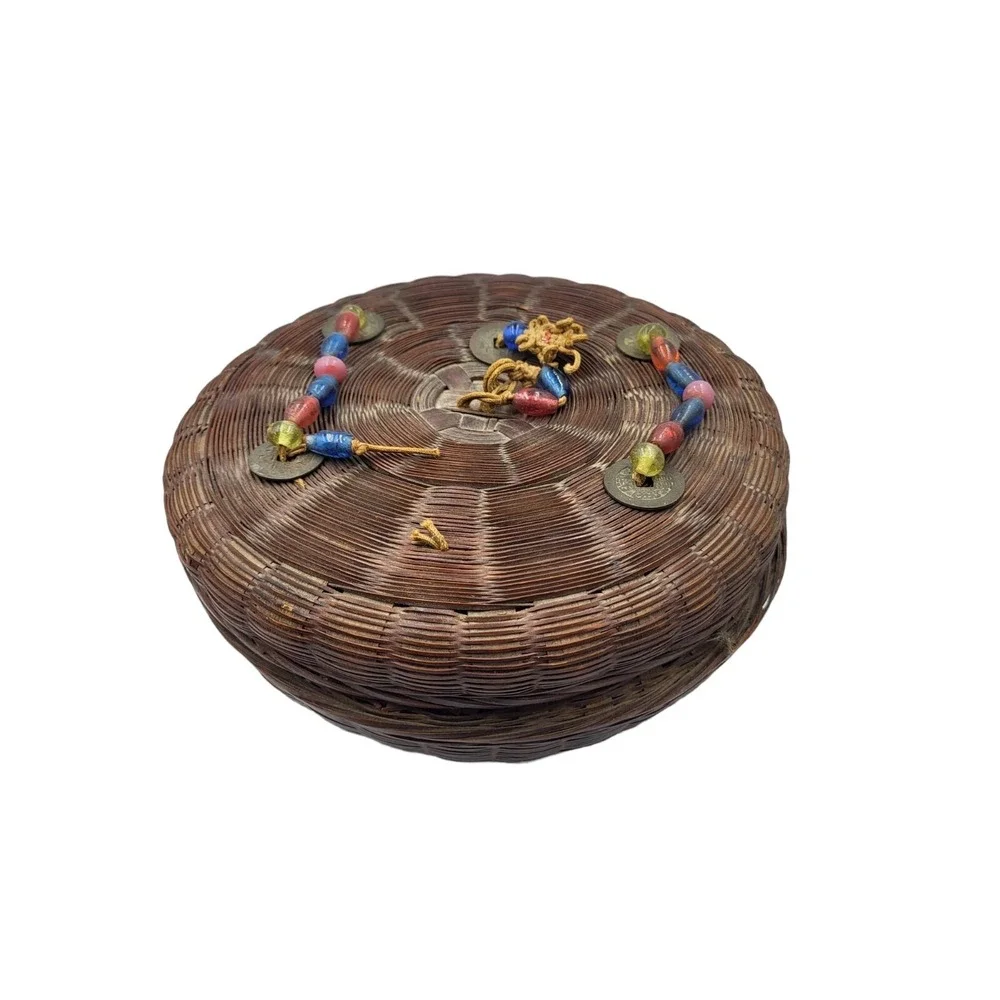 Antique Asian Wicker Rattan Pine Needle Sewing Basket Glass Beads Coins Vintage